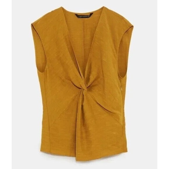 Zara Woman Sz 5 Knotted V-Neck Top Mustard Yellow Sleeveless Linen Cotton Blend - Picture 5 of 16